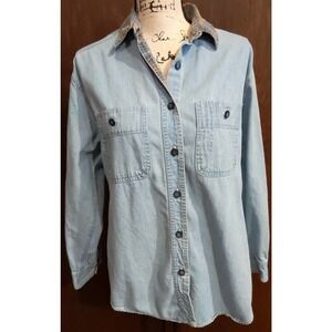 Kikomo Womens Small Denim Shirt Light Wash Blue Button Contrast plaid collar